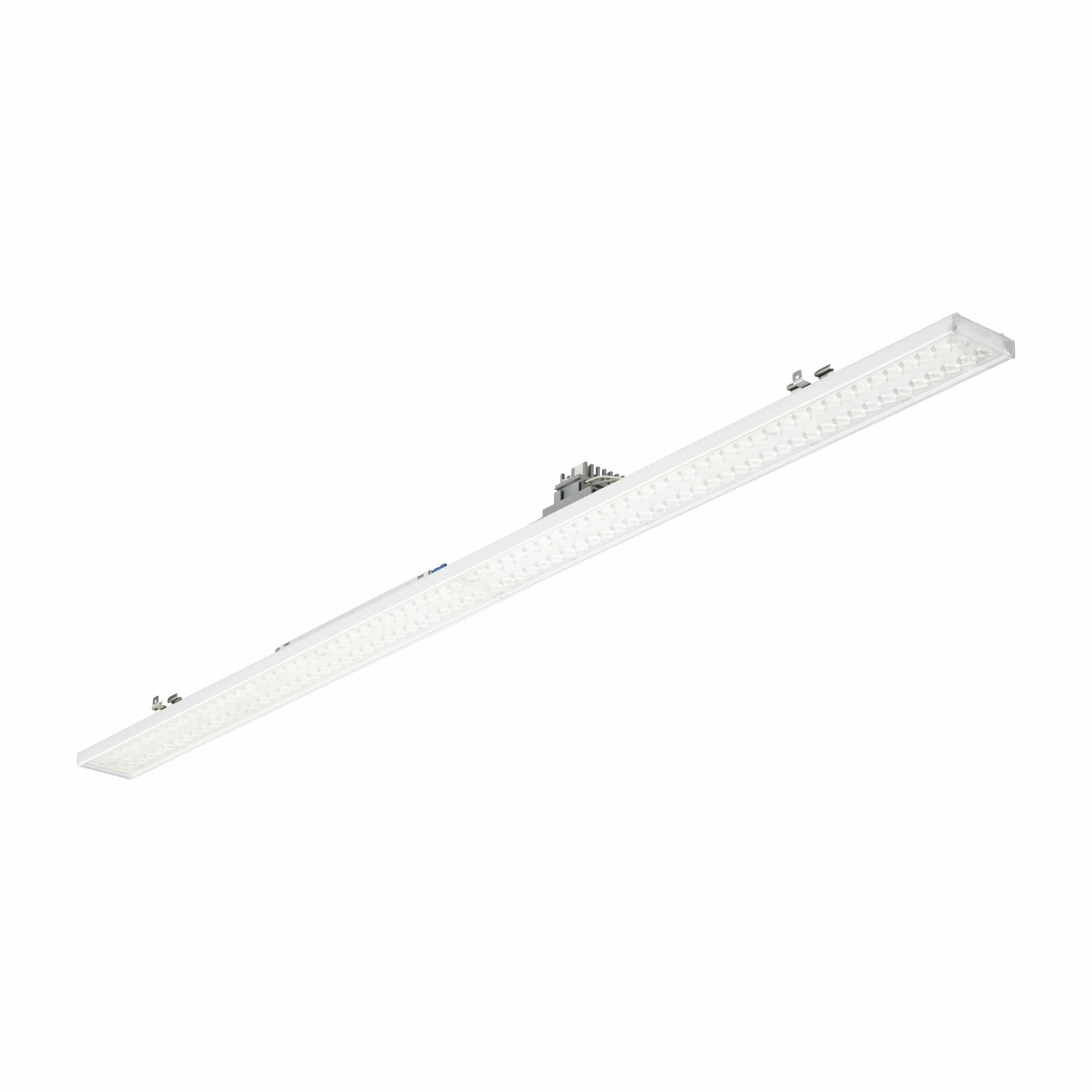 Lang, smal hvid LED-loftarmatuur vist på en plain hvid baggrund.