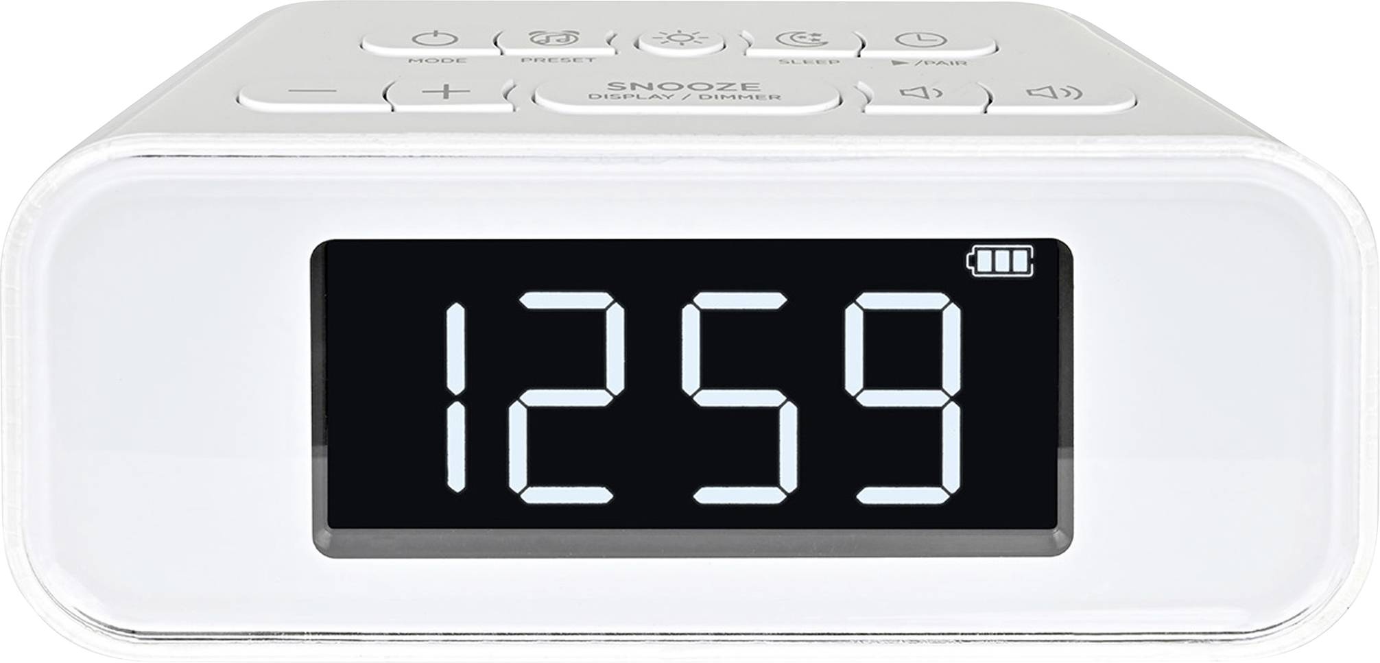 Hvidt digitalt vækkeur, der viser 12:59 på en sort skærm, med kontrolknapper øverst og et batteriikon i hjørnet.
