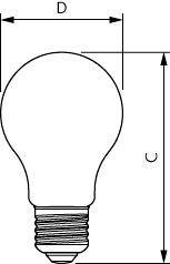 Diagram af en lysepære med dimensionspile, der viser D på tværs af bredden og C for den samlede højde.
