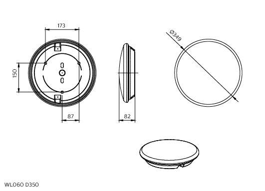 Teknisk tegning af rundt vægarmatur, model WLO60 D350, viser front-, side- og perspektivvisninger med dimensioner 173 mm bredt, 150 mm højt, 82 mm dybt og 349 mm diameter.