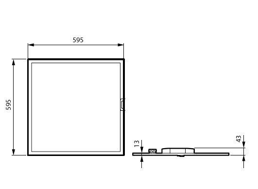 Teknisk tegning af et kvadratisk panel eller luke, 595 x 595 mm, som viser for- og sidevisninger med en tykkelse på 13 mm.