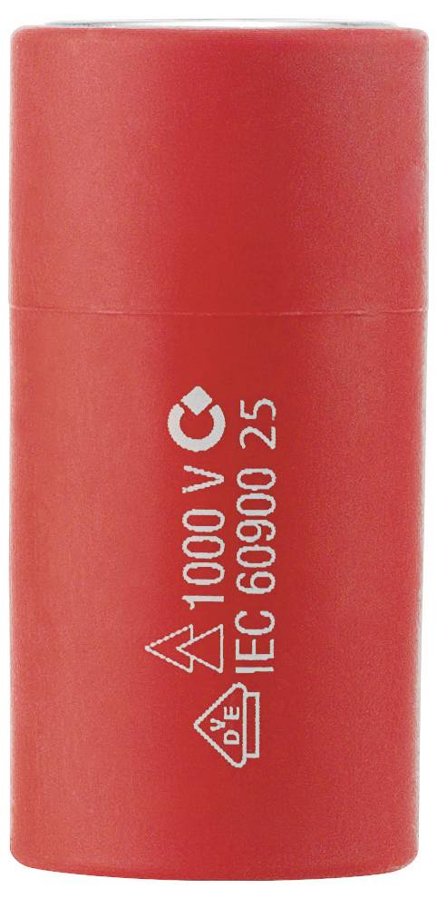 Rød cylindrisk elektrisk komponent mærket '1000 V' og 'IEC 60900 25' med sikkerhedssymboler.