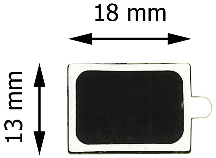 Diagram af en rektangulær komponent med dimensioner på 18 mm bred og 13 mm høj, med en lille sideflig på højre side.