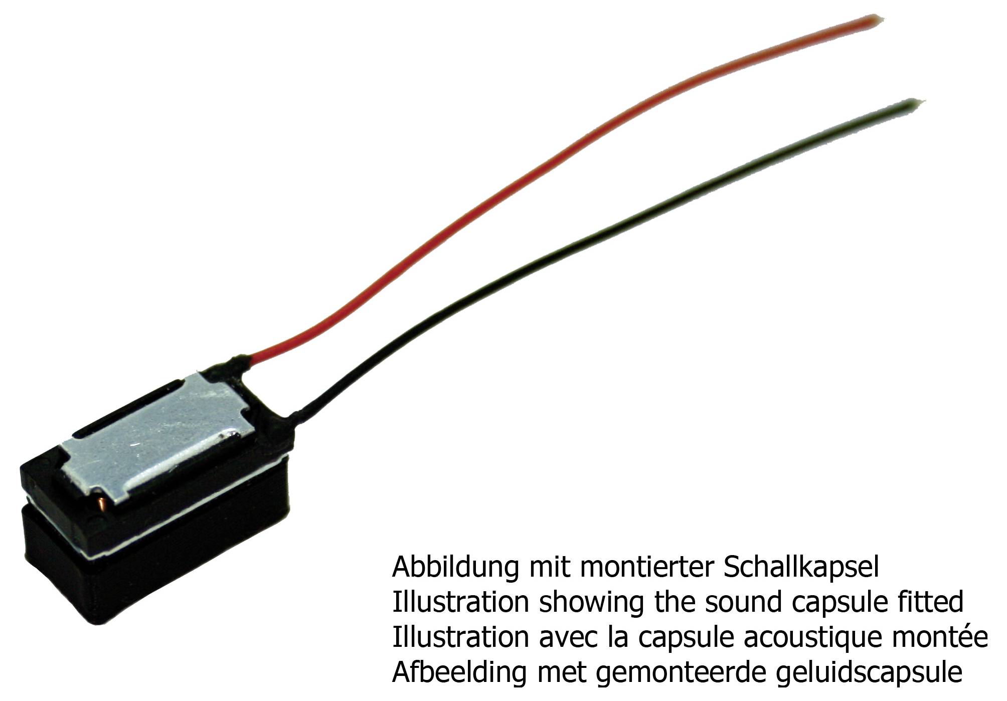 Lille sort lydkapsel med røde og sorte ledninger tilsluttet, vist som en produktillustration med flersproglig billedtekst.