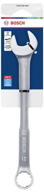 Bosch 21 mm krom-vanadium kombinationsnøgle vist på blå emballage, med en hvid kæbeillustration og værktøjsdetaljer.