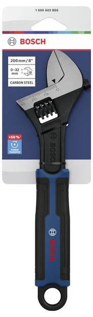 Bosch justerbareSkruenøgle i detailpakning, mærket 200 mm/8", 0-32 mm kæber, kulstålstål, med sort-og-blå håndtag.