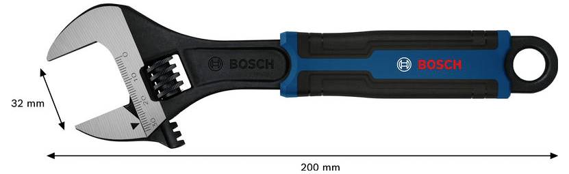 BOSCH justerbarnøgle vist med åbne kæber; dimensioner mærket 32 mm kæbebredde og 200 mm samlet længde.