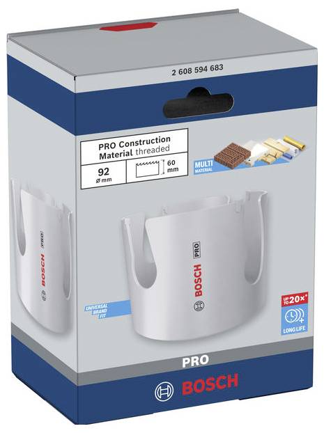 Bosch PRO konstruktionsmateriale gevindhuljævn pakke, mærket '92 mm' og '60 mm', med produktbillede og '20x LONG LIFE' badge.