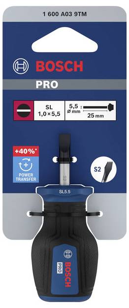 Bosch PRO SL6.5 skruetrækker på produktemballagen, mærket '1 600 A03 9TM', 'SL 1,0 x 5,5', '5,5 mm', '25 mm', 'S2' og '+40% KRAFTOVERFØRSEL'.