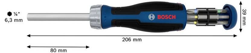Bosch skruetrækker værktøj vist i sidevisning, med dimensioner markeret: 206 mm længde, 33 mm højde, 80 mm håndtagsbredde og 6,3 mm skaftdiameter.