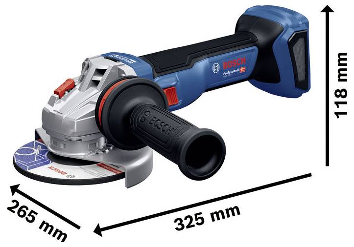 Bosch trådløs vinkelsliber vist med dimensioner: 325 mm lang, 118 mm høj og 265 mm på tværs af beskytteren.