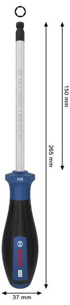 Bosch H8 skruetrækker, 265 mm lang og 37 mm bred, vist med dimensionspile til størrelsesreference.