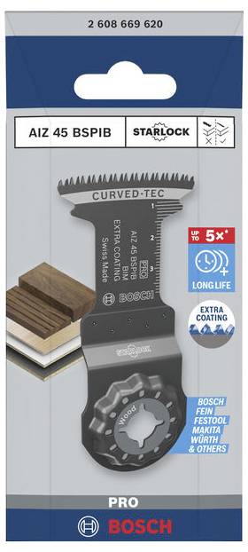 Bosch PRO AIZ 45 BSPIB oscillerende savblad pakke, Curved-Tec ekstra rent snit, Lang levetid og ekstra belægning, passer til Bosch, Fein, Festool, Makita, Worx og andre.
