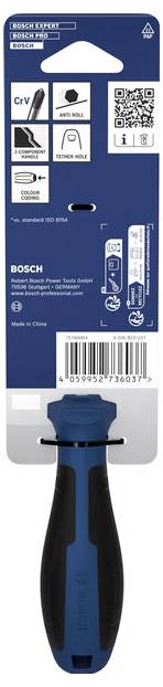 Bagsiden af et Bosch CrV håndværktøj med blå-og-sort håndtag, produktikoer, QR-kode og stregkode på en hvid-og-blå kortbaggrund.