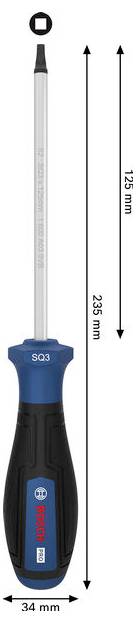 Blå og sort Bosch skruetrækker med bit, mærket 235 mm høj og 34 mm bred; bitlængde markeret 125 mm.