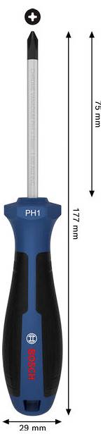 Bosch PH1 skruetrækker med blåt og sort håndtag; mærkede dimensioner viser 177 mm samlet længde, 75 mm bladlængde og 29 mm håndtagsbredde.