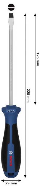 Flad skruetrækker med blåt og sort håndtag, mærket SL5.5; samlet længde 225 mm, bladlængde 125 mm, håndtagsbredde 29 mm.