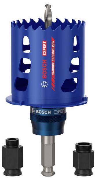 Bosch Expert hartmetalteknologi hulsav med pilotbor og to adapterdelestykker vist på hvid baggrund.