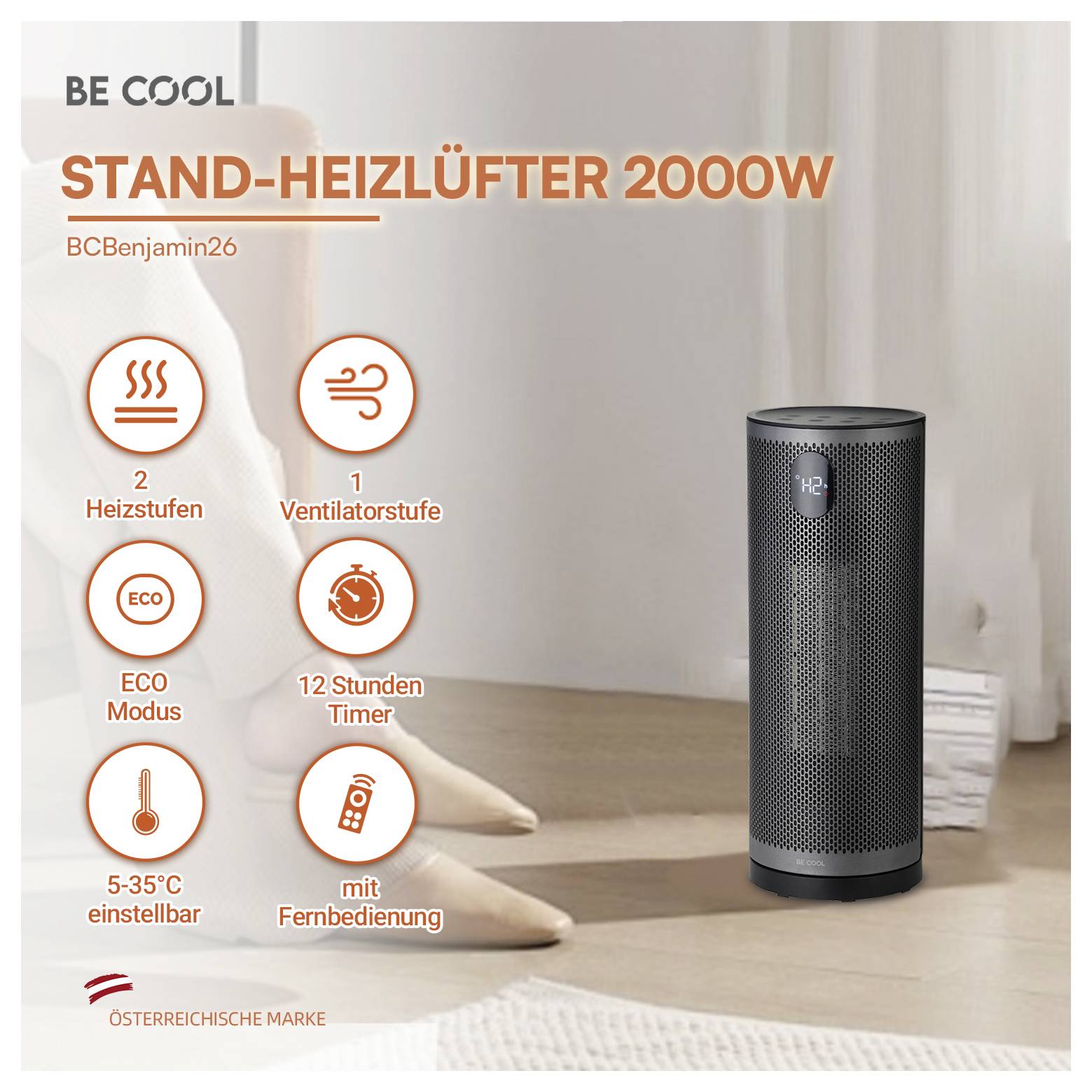 Be Cool BCBenjamin26 PTC-søjlevarmeblæser Sort/sølv-4