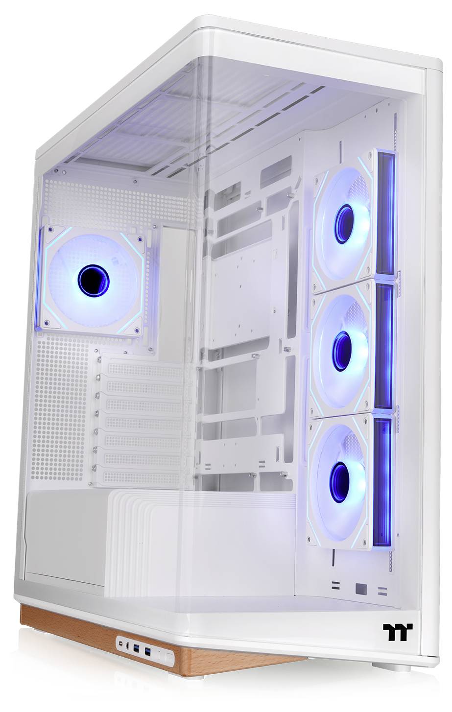 Hvidt PC tower-kabinet med hærdet glaspanel på siden, der viser tre blå LED-blæsere og det hvide indre på en træbase.