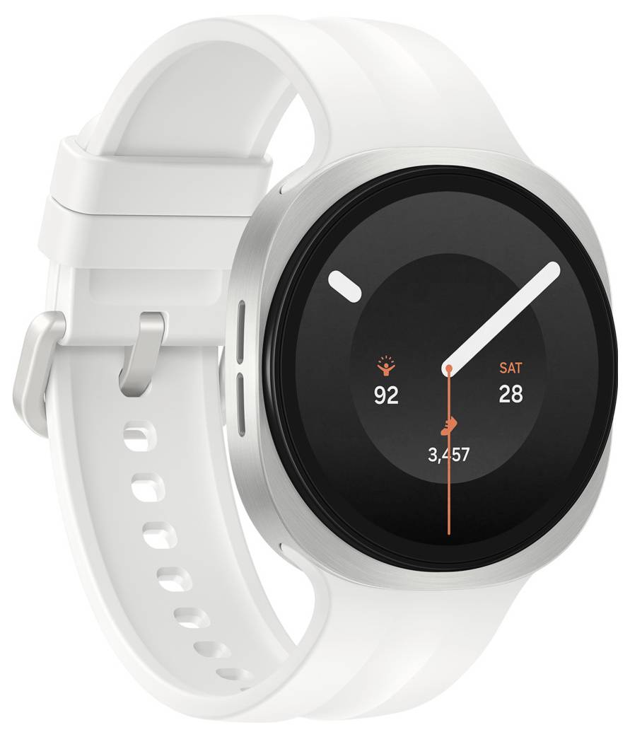 Hvidt rundt smartwatch med sort analogstil-display viser 92, LØR 28 og 3.457 på hvid rem