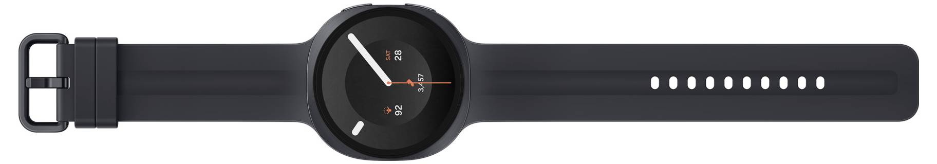 Sort smartwatch med rundt analog-digitalt urskive og sort rem, vist i profil på hvid baggrund.