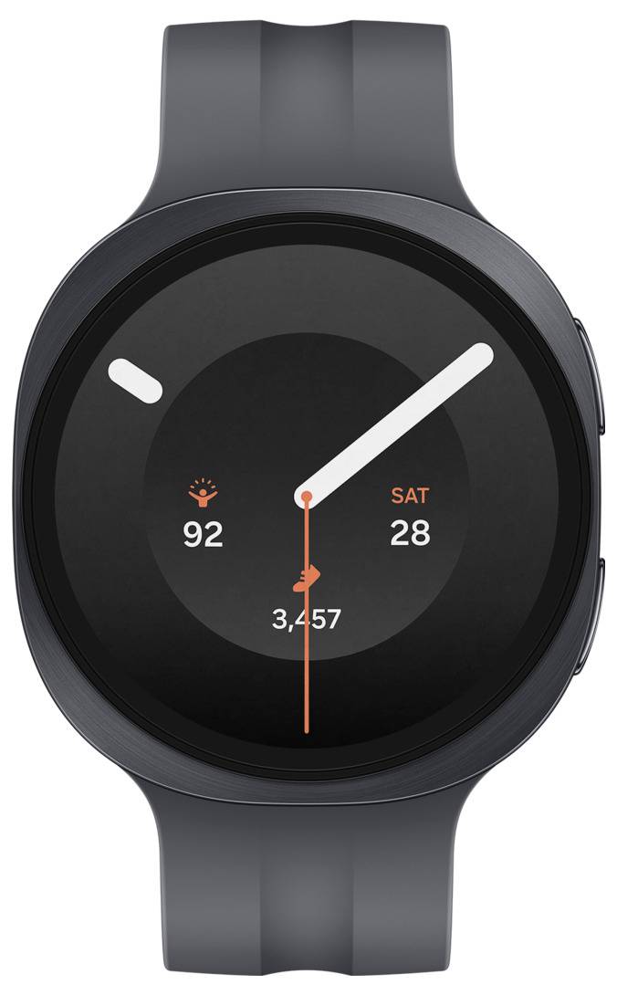 Sort rundt smartwatch med analogt urskive med orange detaljer, skridtantal 3.457, puls 92 og dato LØR 28.