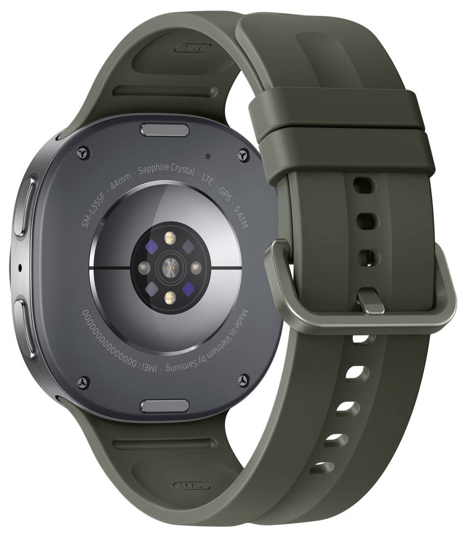 Bagside af et mørkegrønt smartwatch viser det cirkulære sensorarray og siliconerem med spænde.