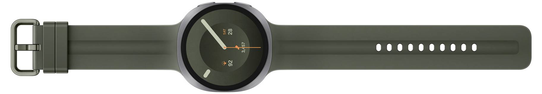 Et sort smartwatch-bånd med et rundt digitalt urskærm, vist med spændet på venstre side og justeringshullerne på højre side.