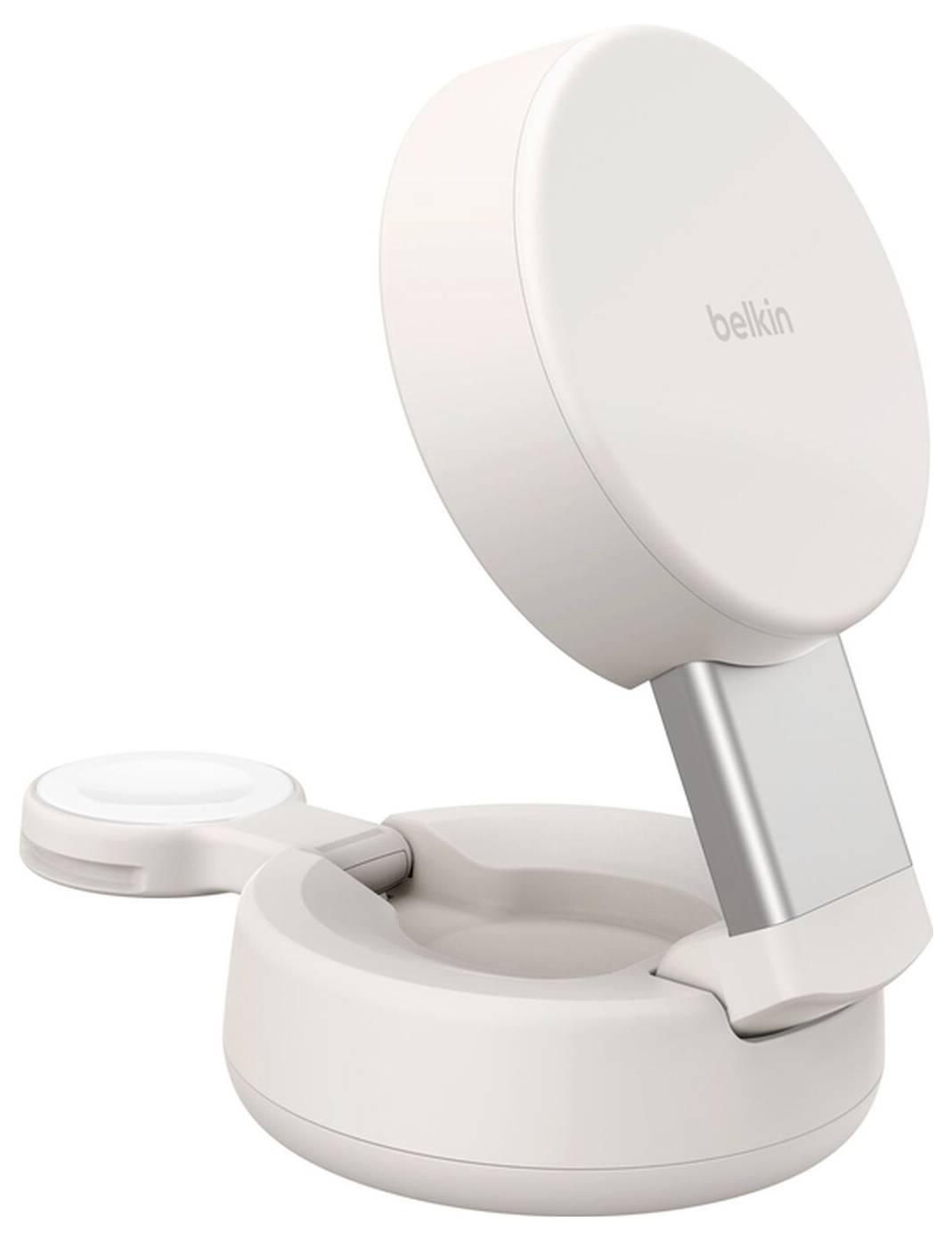 Hvid Belkin foldbar MagSafe-lignende magnetisk telefonlader på en cirkulær base, vist åben med pucken vippet opretstående og en anden lille ladeplade ved siden af den.