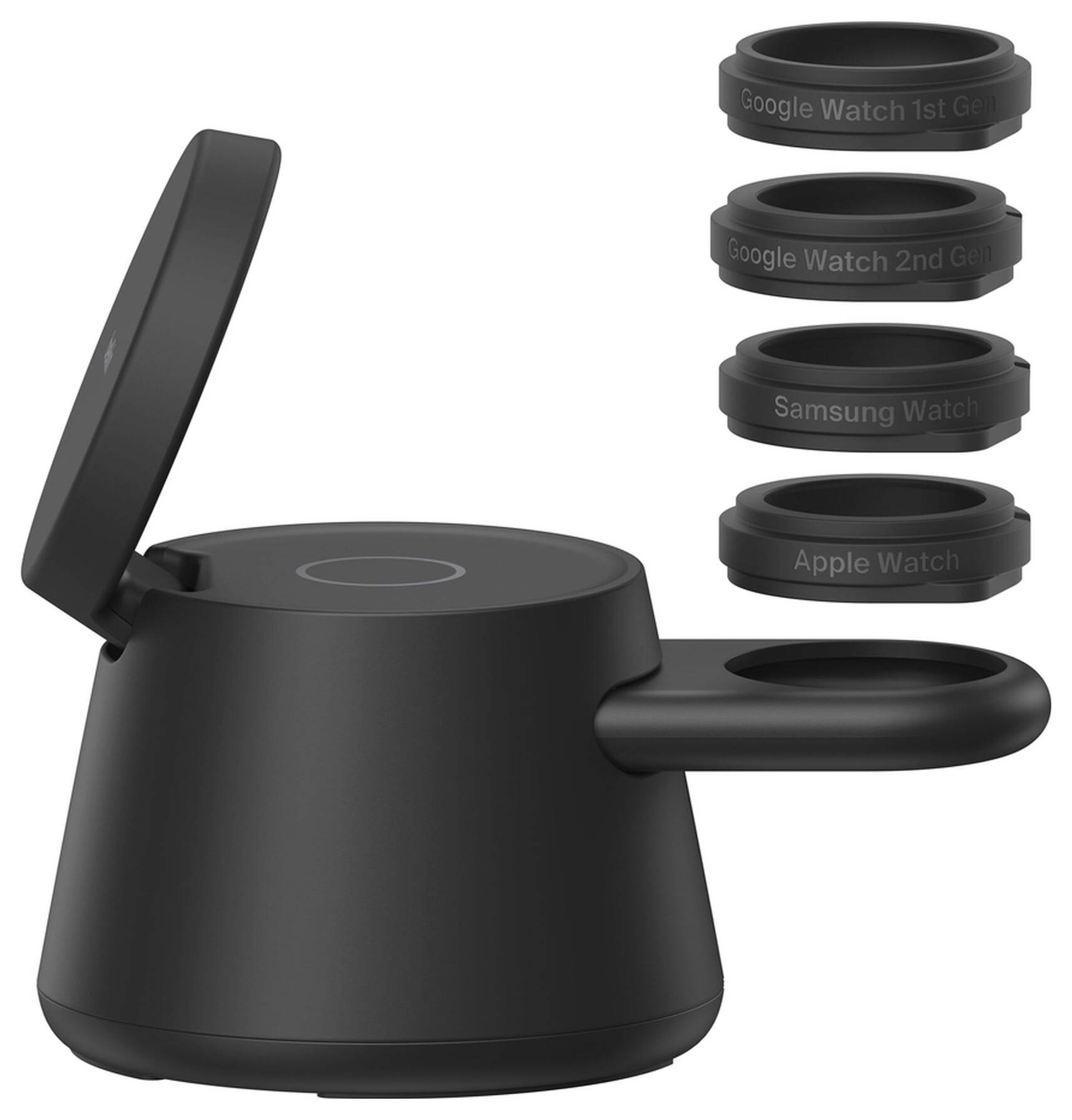 Sort magnetisk trådløs oplader med klappelåg og sidelommebog, vist med udskiftelige urkranse mærket til Google Watch 1st Gen, Google Watch 2nd Gen, Samsung Watch og Apple Watch.