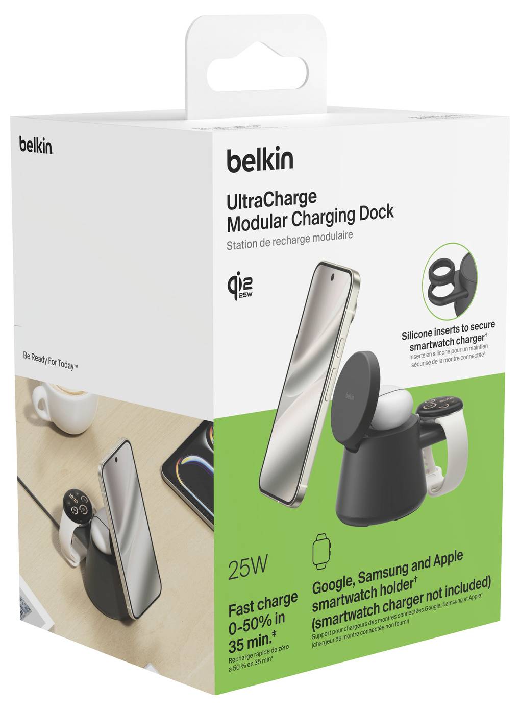 Emballage til Belkin UltraCharge modulært ladestativ, et 25W-stativ til telefon- og smartwatch-opladning, med illustrationer af telefon- og urholder.