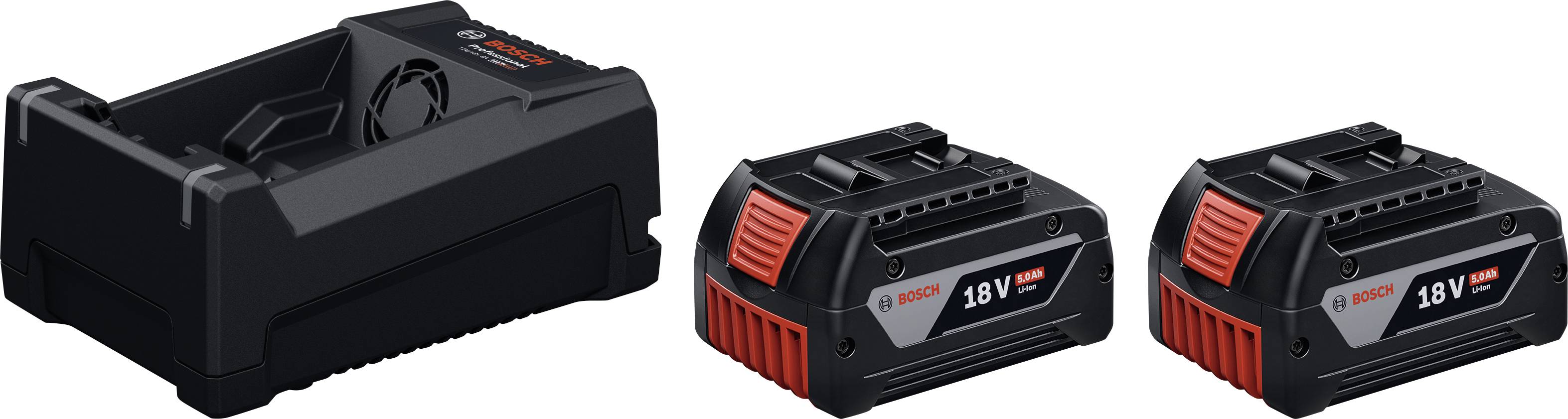 Sort batteriopladarbase vist med to 18V-batteripakker, en i midten og en til højre.