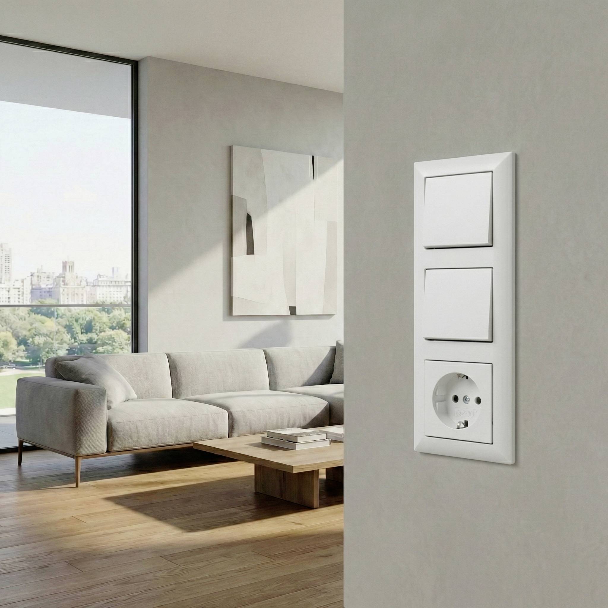 Moderne stue med vægmonteret switchpanel og stikkontakt i forgrunden, ved siden af en sofa, sofabord og stort vindue med byblik.