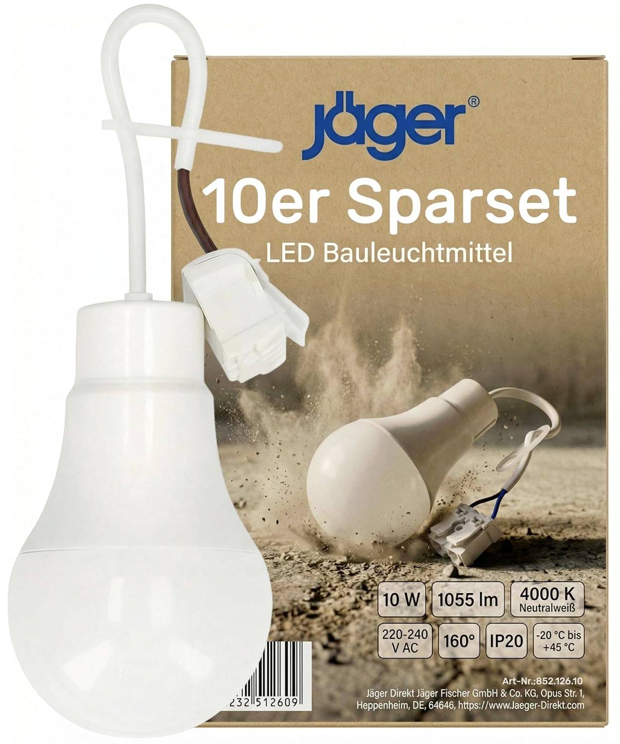 Jäger 10-pakke LED-pærer med emballage med én pære og ledning; mærket 10 W, 1055 lm, 4000 K neutral hvid, 220-240 V AC, IP20, 160°.