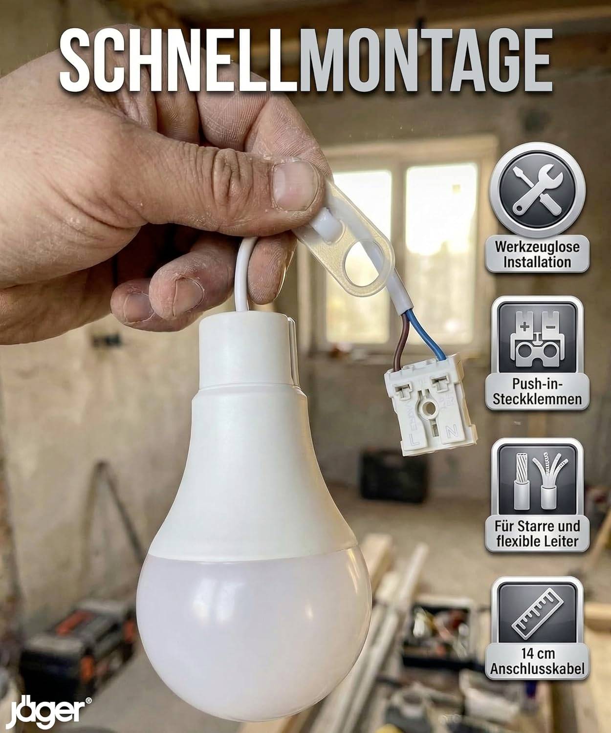 # Hånd holder et hængende lys med en stik-forbinder; Tysk tekst promoverer 'SCHNELLMONTAGE' og værktøjsfri installation for stive og fleksible kabler.