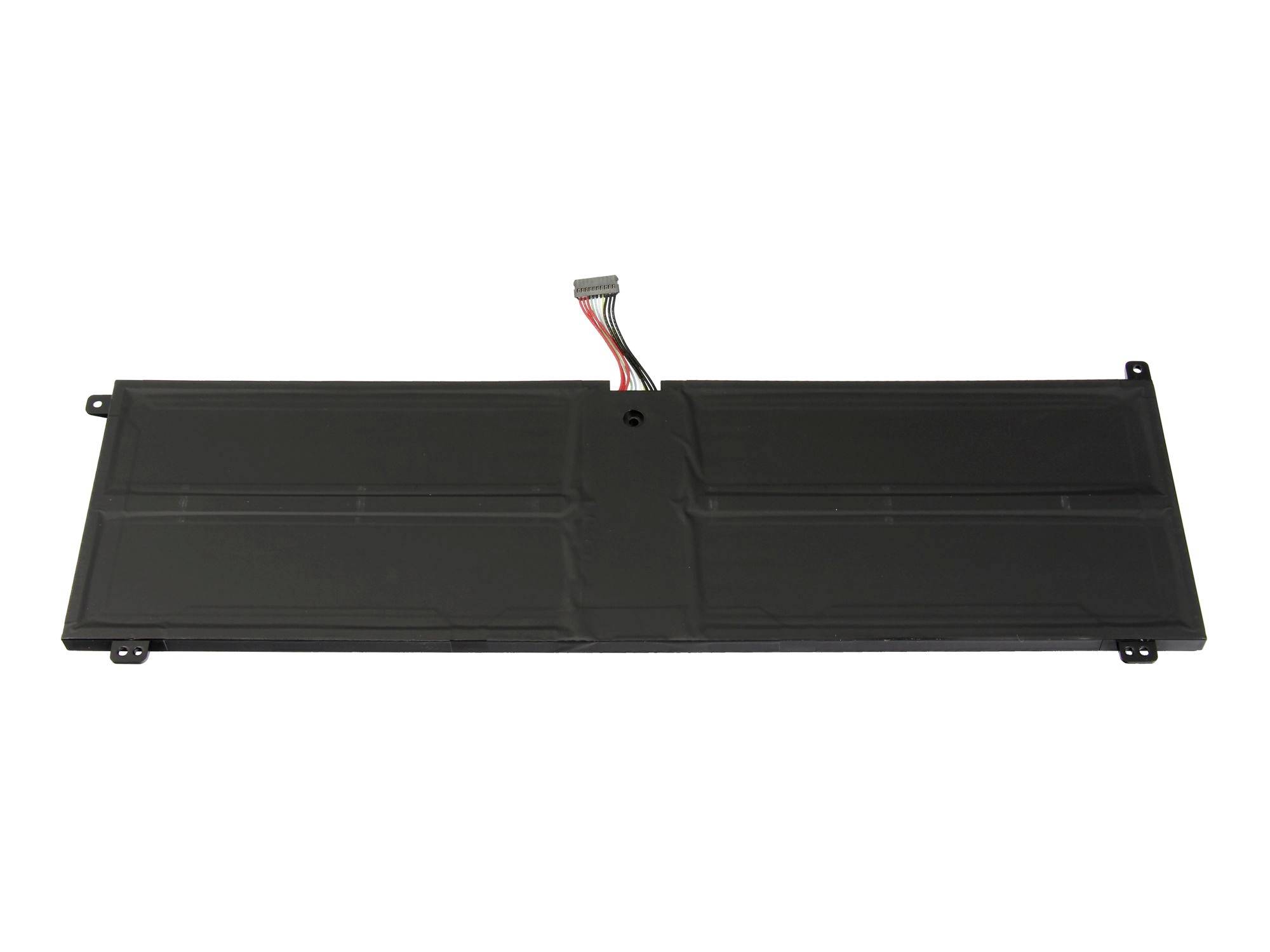 Sort rektangulær bærbar batteripack med stik kabel og monteringstabs, vist isoleret på hvid baggrund.