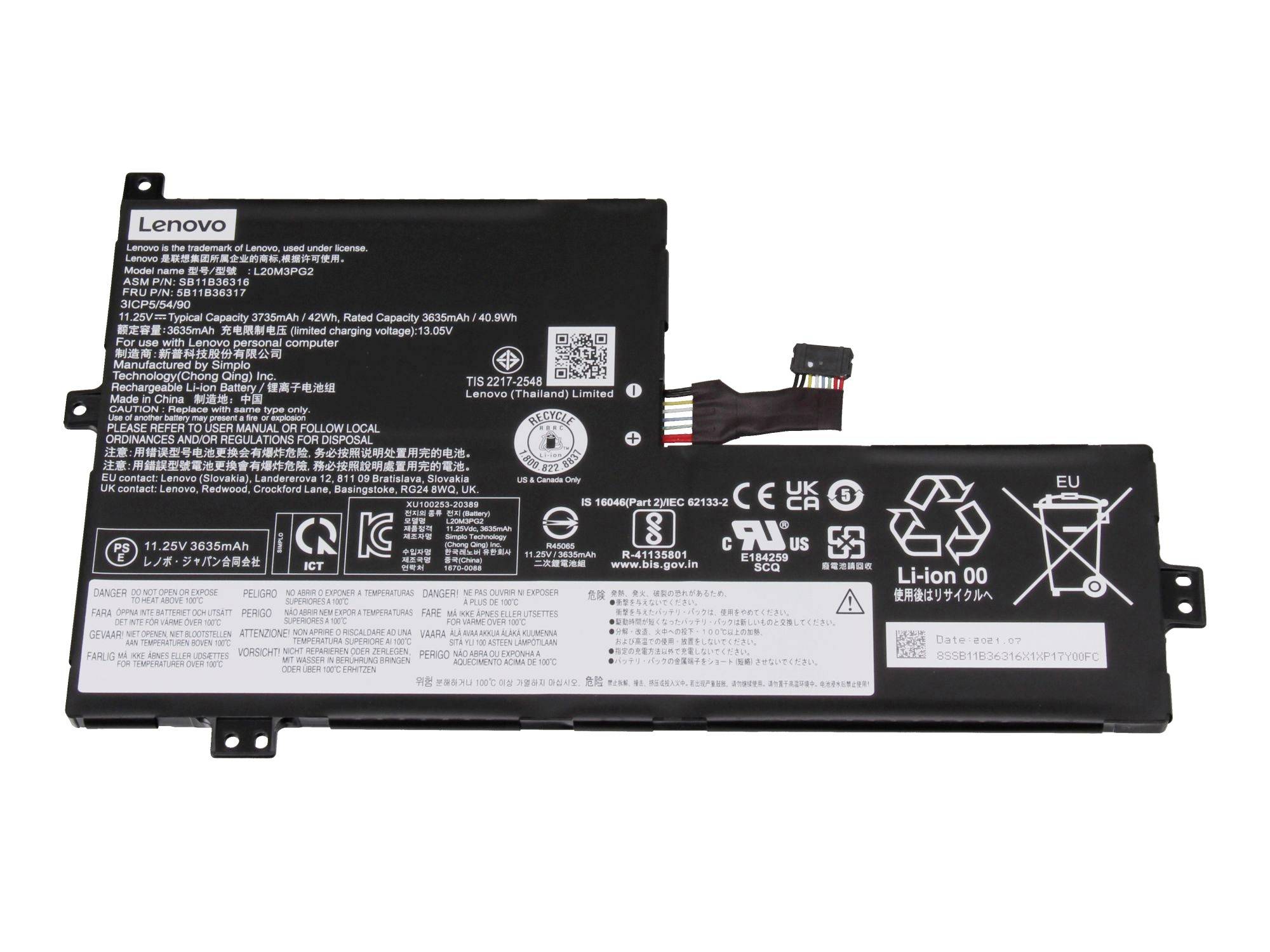 Sort Lenovo-batteripakke til bærbar computer med etiketekst, advarselssymboler og tilsluttet forbinderkabel.