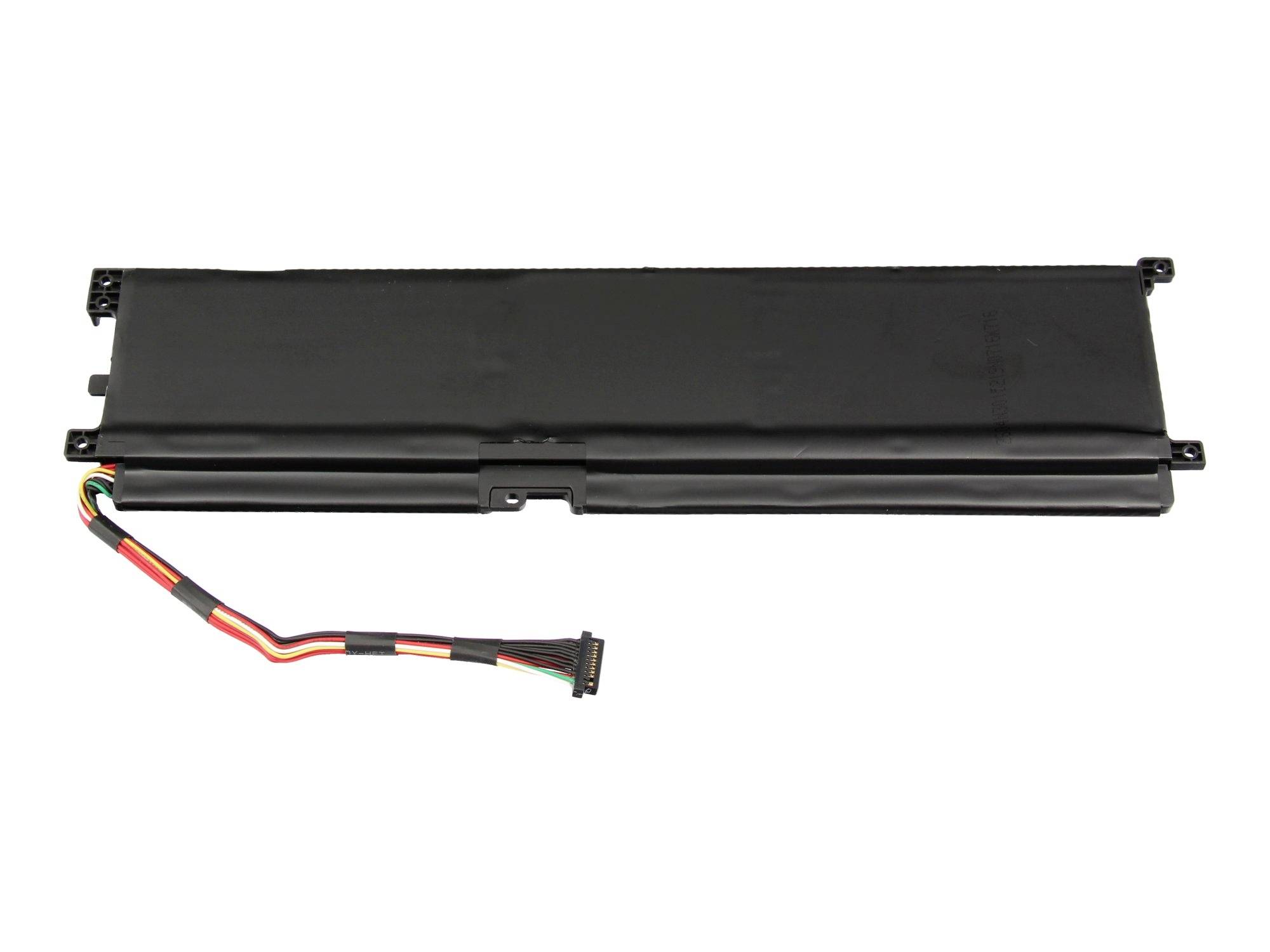 Sort bærbar batteripakning med tilsluttet strømkabel og stik på hvid baggrund.