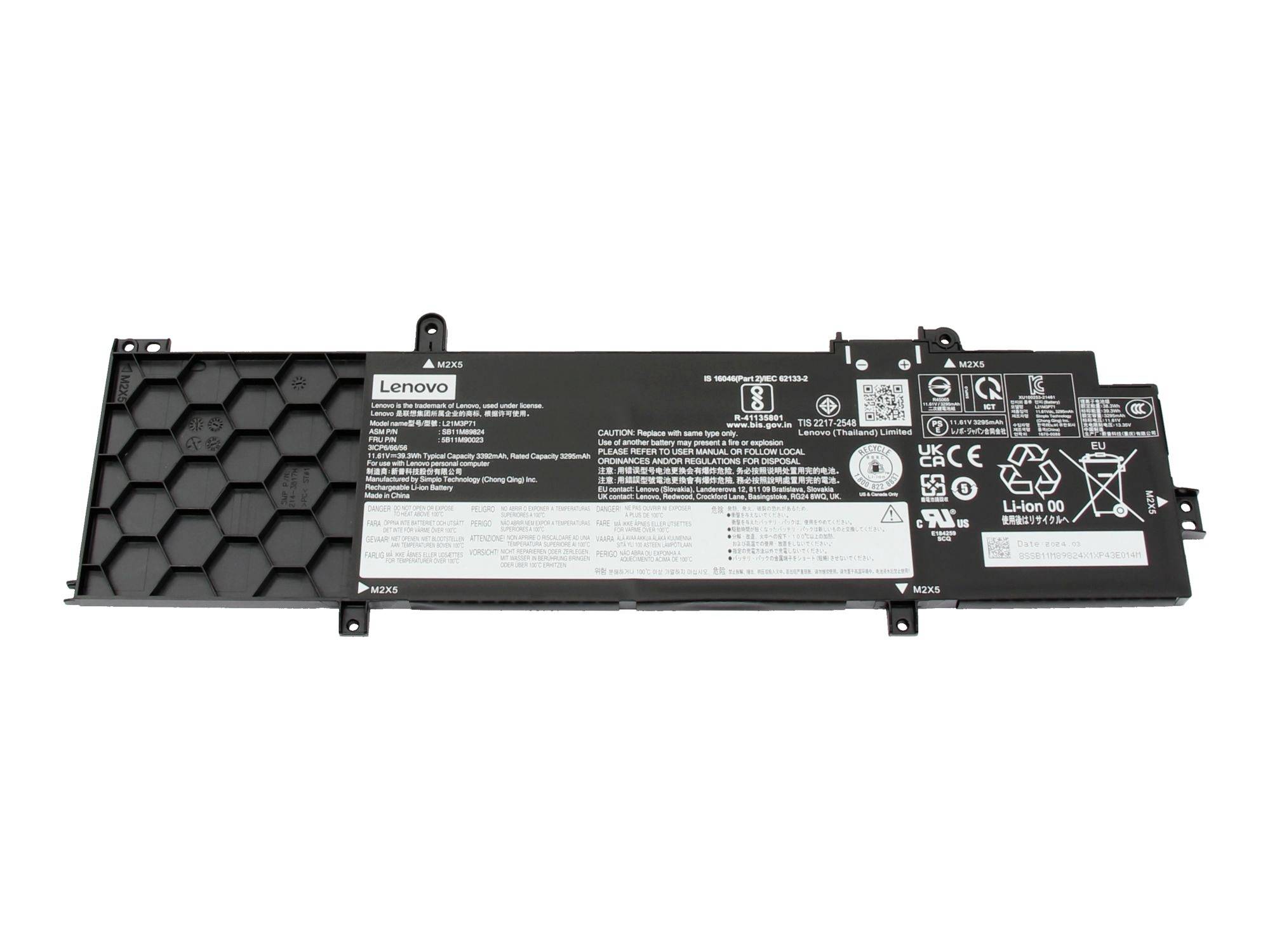 Lenovo-laptopbatteripakke vist isoleret på hvid baggrund, med sort kappe og honeycomb-ventilationsmønster.