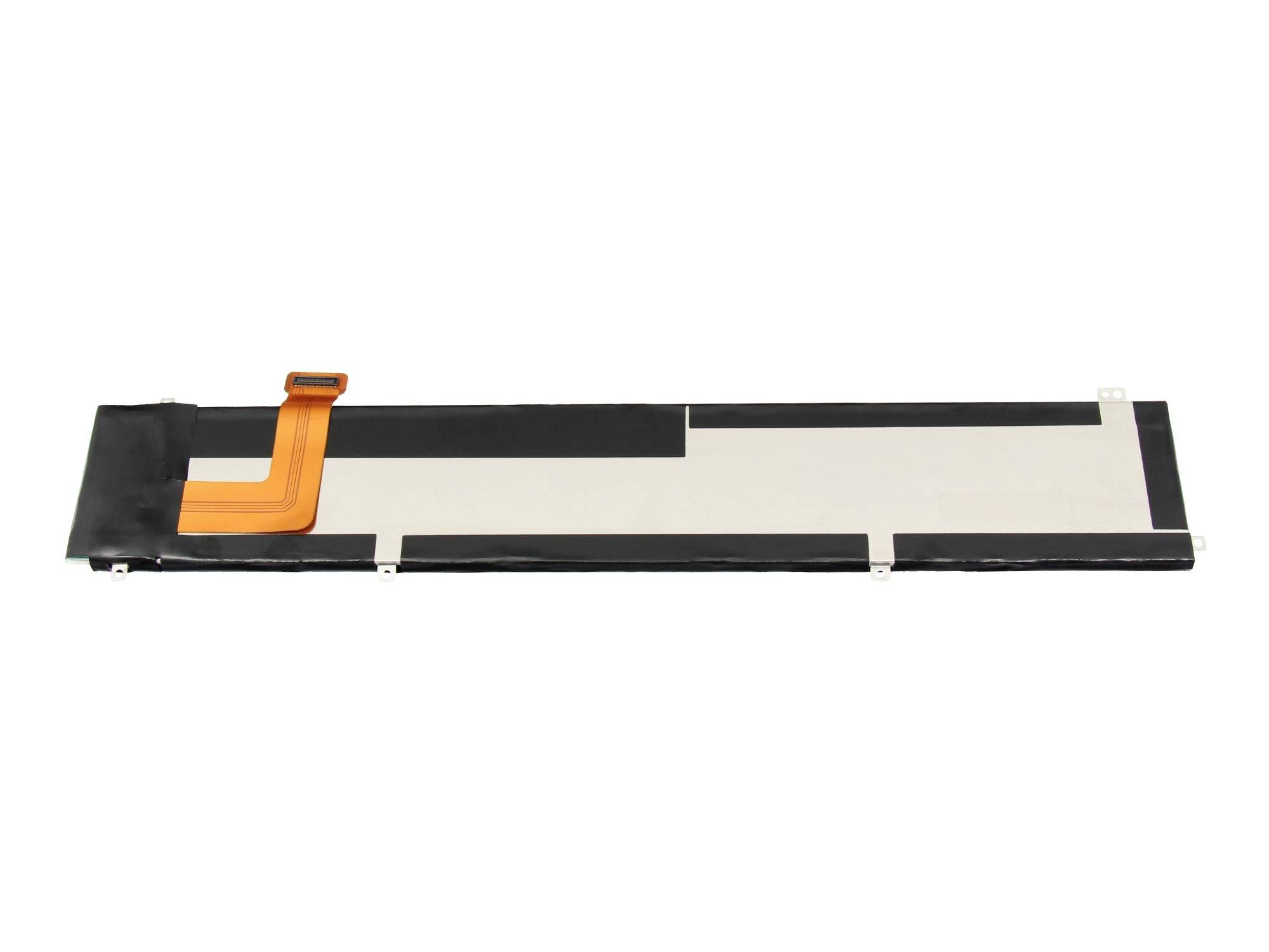 Fladt fleksibelt elektronisk komponent eller displaybåntkabel på hvid baggrund med en orange forbindertab på venstre side.