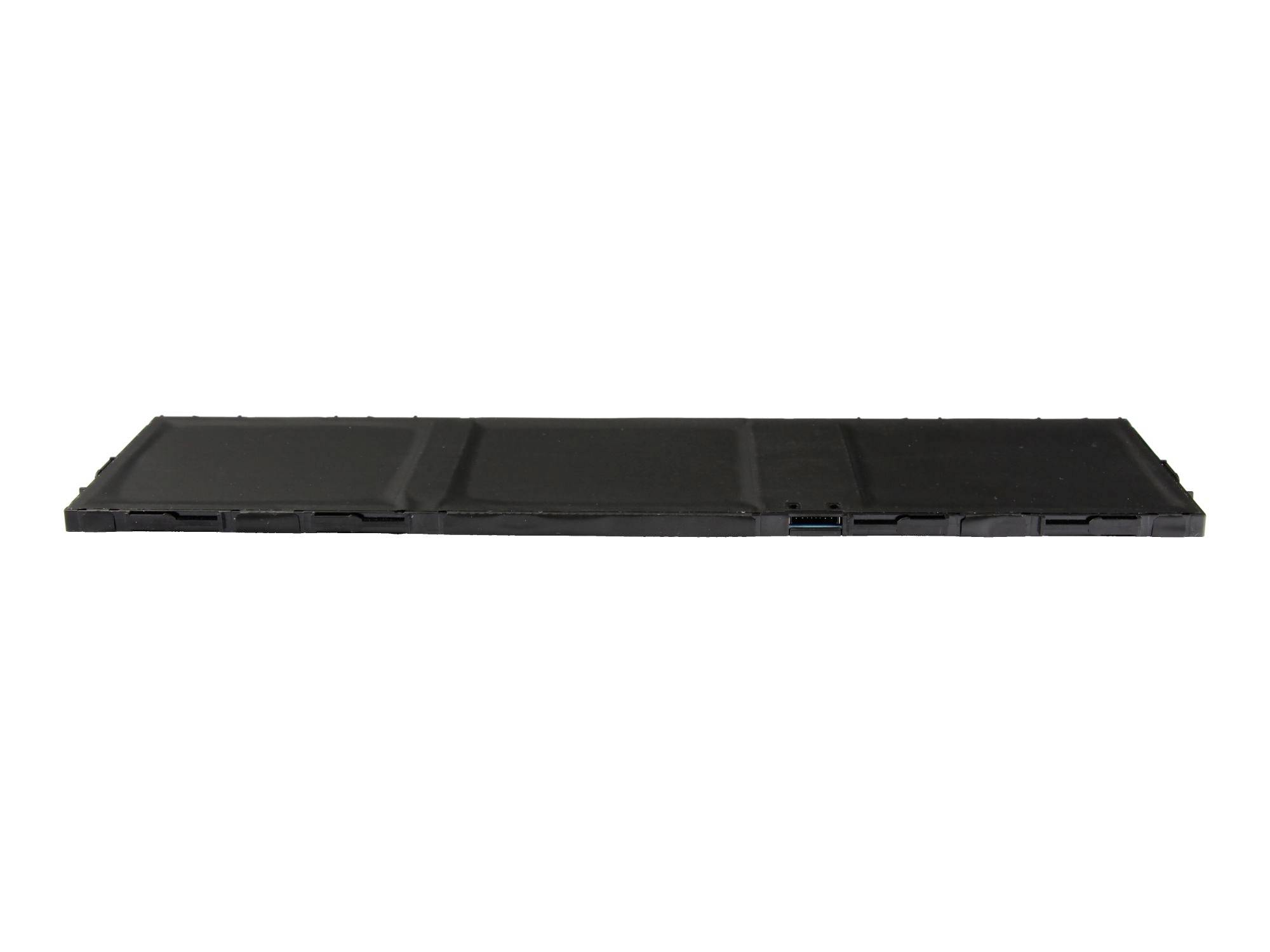 Sort rektangulær bærbar computerbatteriblok vist horisontalt på hvid baggrund.