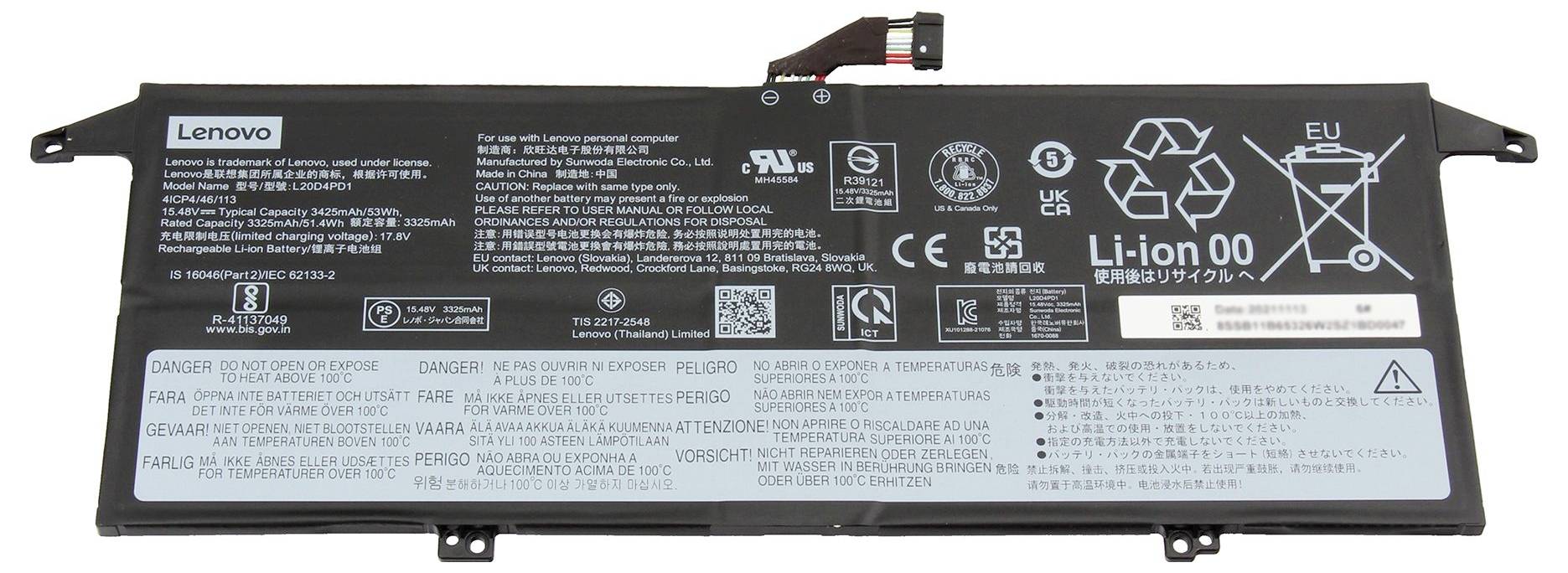 Lenovo bærbar computer batteripakke etiket viser sikkerhedsadvarsler, certificeringsikoner og Li-ion 00 genbrugssymboler.