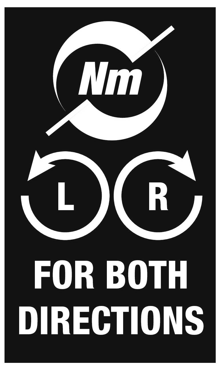 Drejningsmoment-ikon med 'Nm' og venstre/højre cirkulære pile mærket L og R, angivende 'FOR BEGGE RETNINGER'.