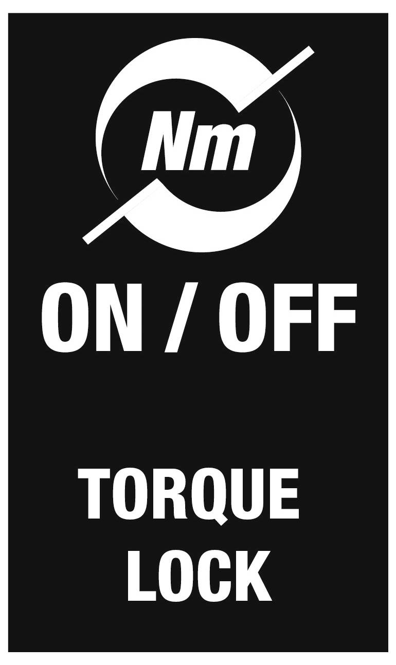 Sort drejningsmoment låse-skilt med 'Nm' ikon og tænd/sluk-symbol over ordene 'TÆNDT / SLUKKET' og 'DREJNINGSMOMENT LÅS'.