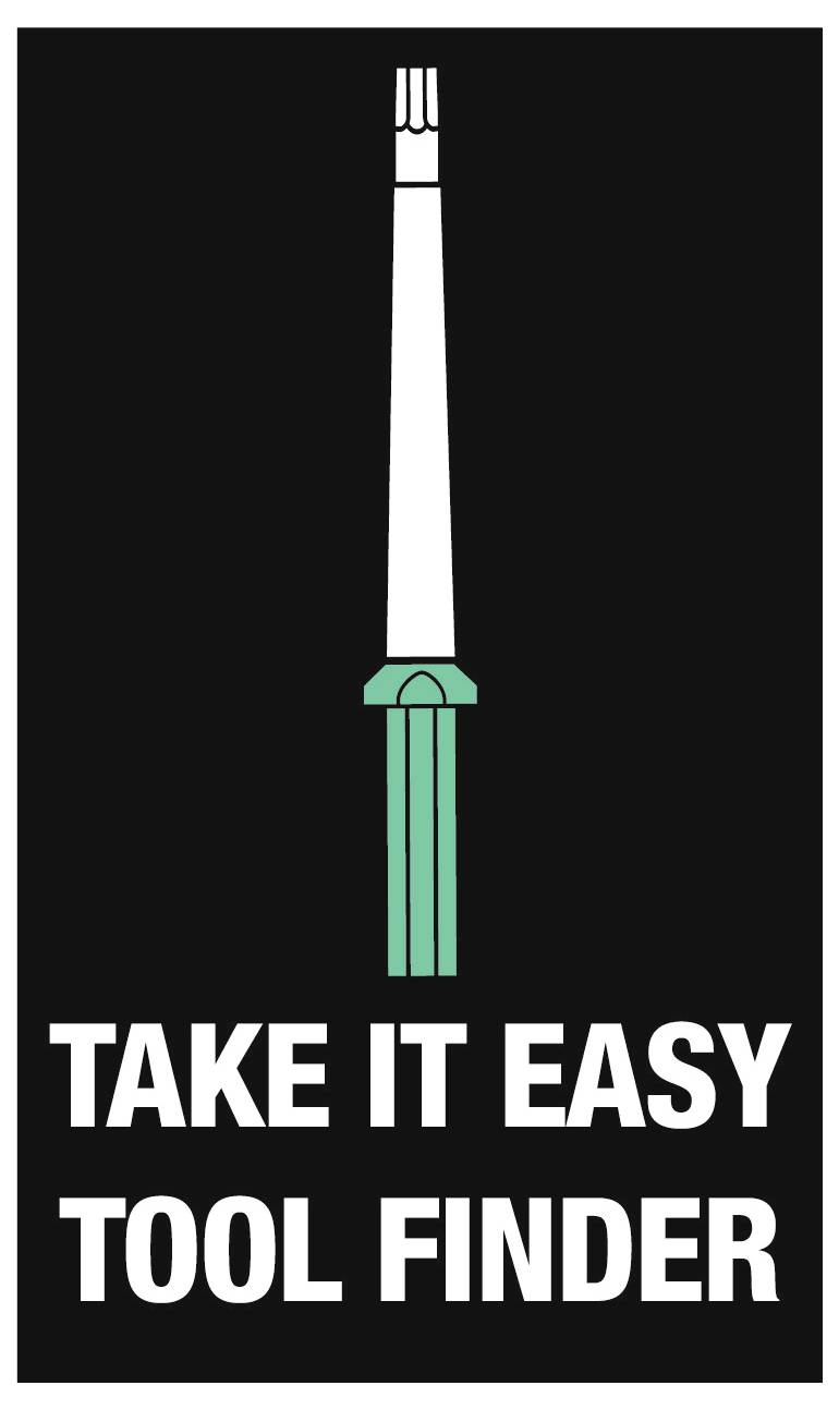 Sort plakat med en stiliseret skruetrækker over sloganet 'TAKE IT EASY TOOL FINDER' i fed hvid tekst.