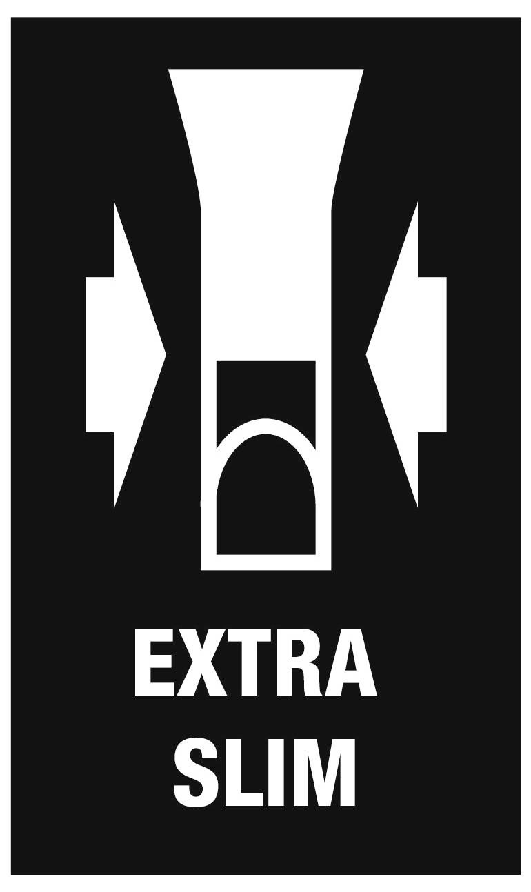 Sort produktetiket med et hvidt bukseikon og ordene 'EXTRA SLIM', der angiver en ekstra smal pasform.