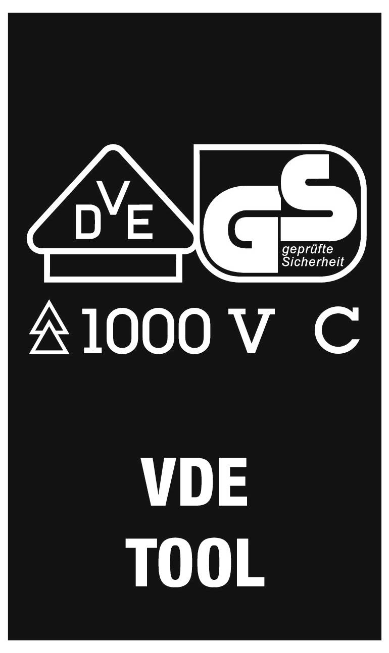 VDE VÆRKTØJ certificeringsmærkat med VDE, GS prøvet sikkerhed og 1000 V symboler på sort baggrund.