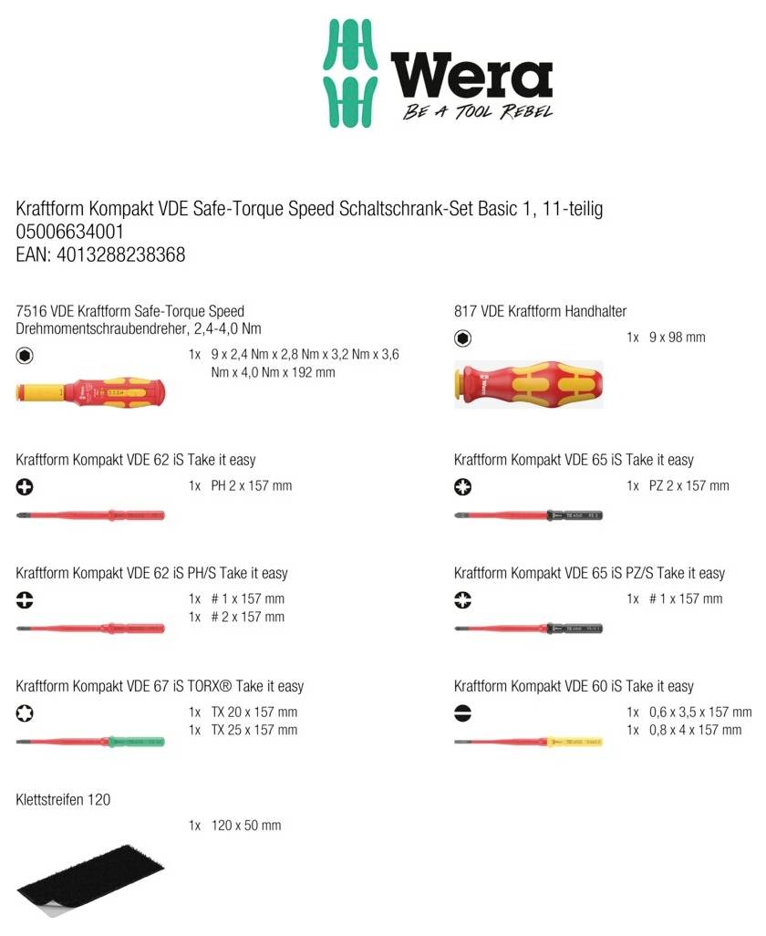 Wera 11-delt VDE isoleret skruetrækkersæt, med værktøjstyper, størrelser og bladlængder angivet til elektrisk arbejde.