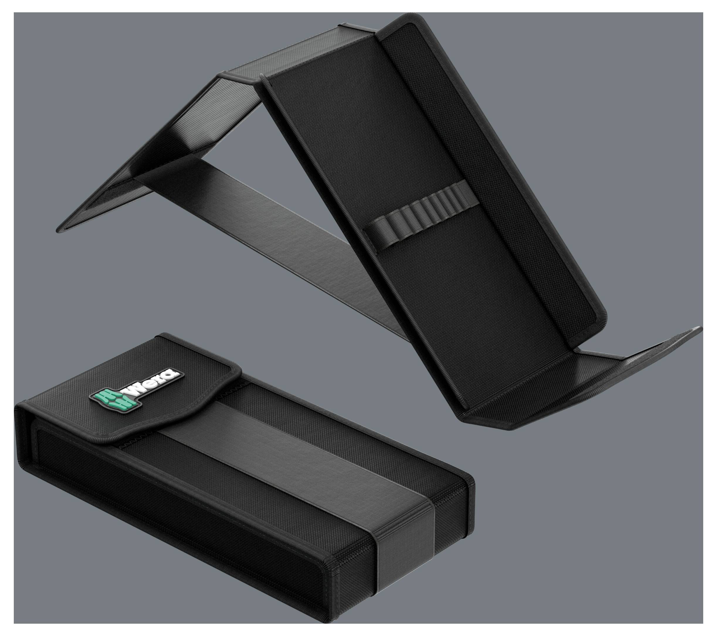 Sort sammenfoldelig telefonholder/-stativ vist åben og lukket, med en struktureret "Neto"-etiket på det lukkede etui.